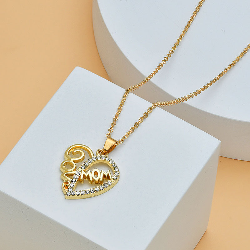 Mom Heart Shape With Diamond Letter Necklace, Gift For Mom