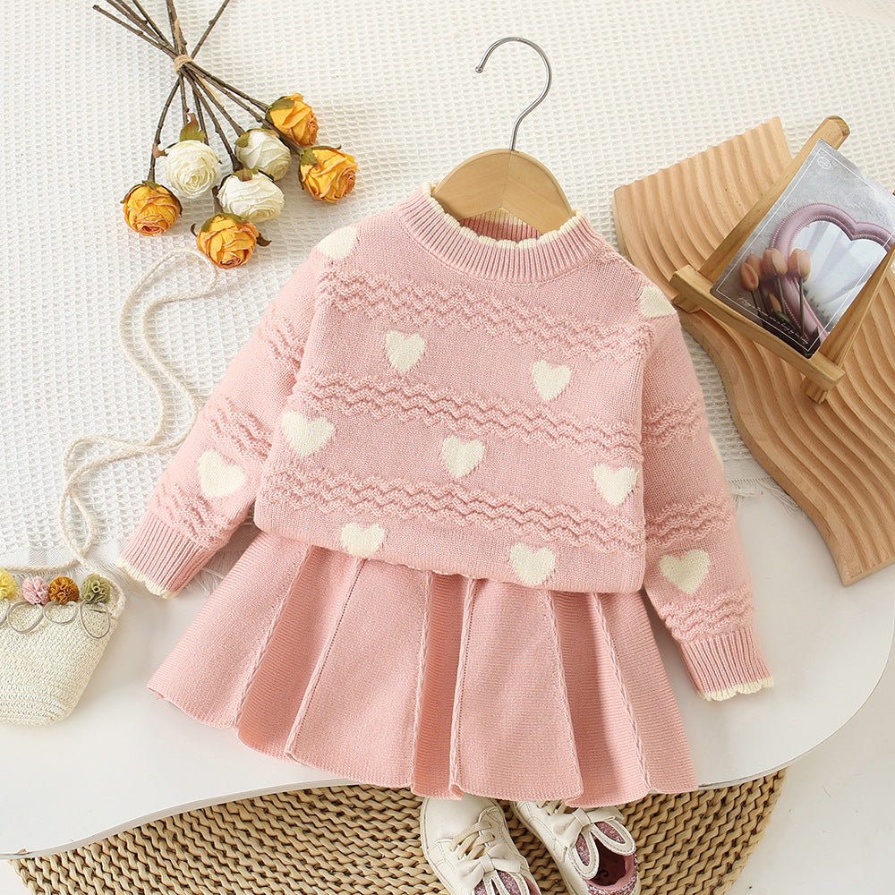 Girls' Round Neck Heart Sweater & Skirt 2pc Set