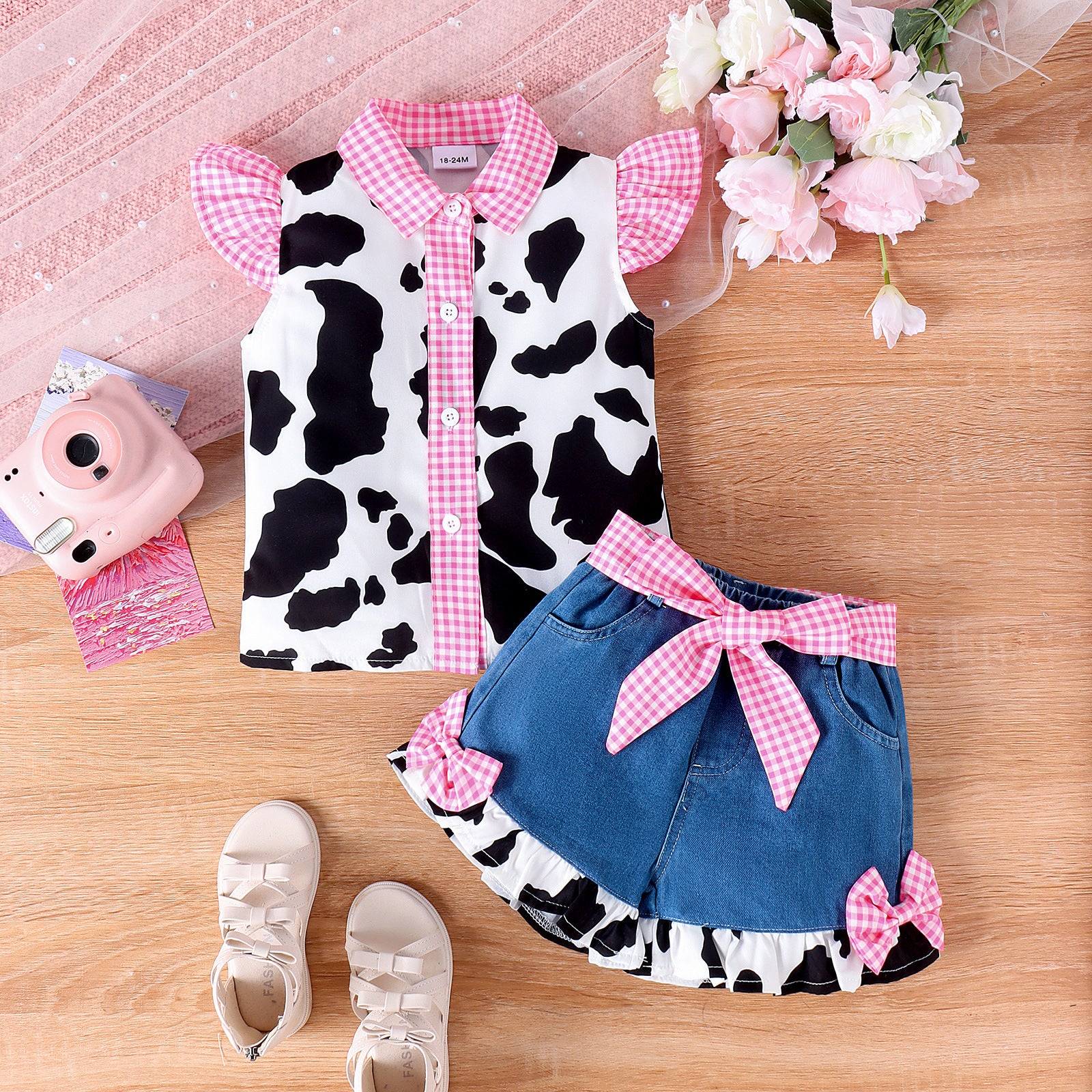 Flounced Sleeve Cow Print Top Denim Stitching Shorts Girls Suit