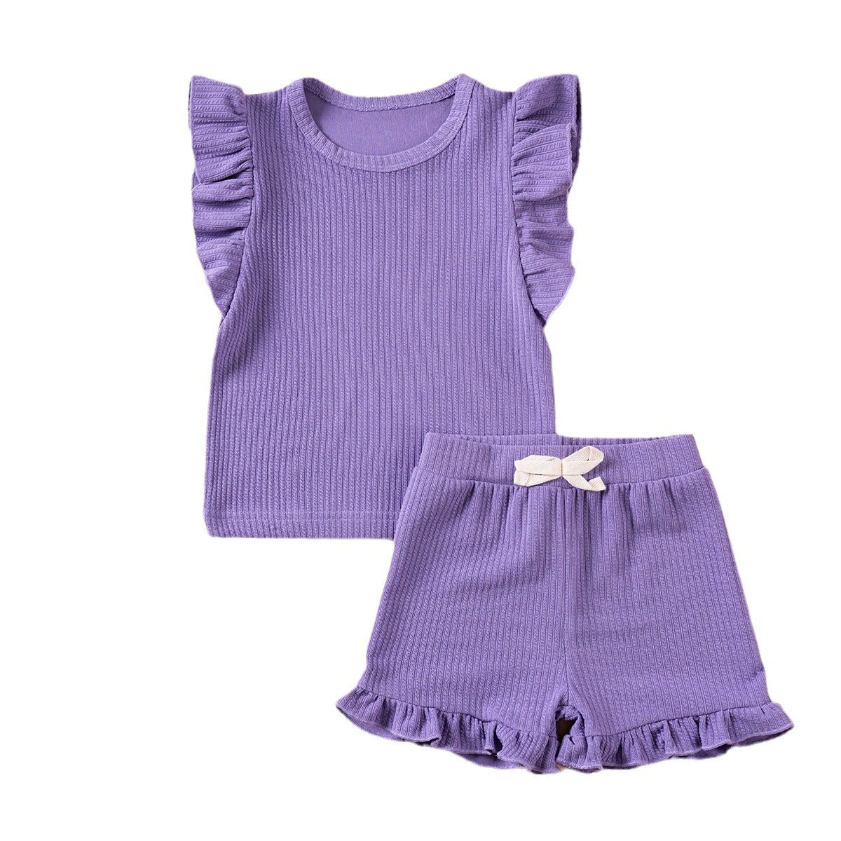Girls' Summer Solid Colour Casual Flounced Sleeve Shorts Set