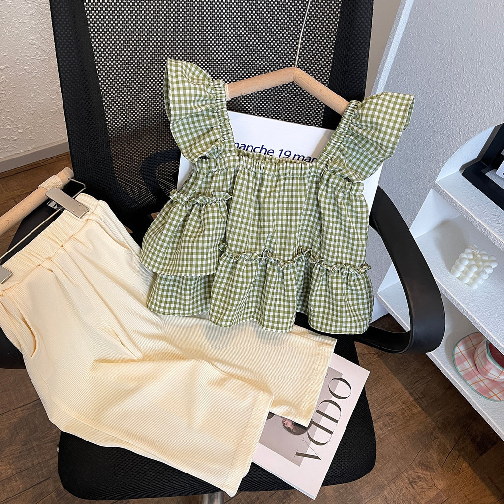 Korean Style Plaid Sling Doll Shirt Two-piece Pants