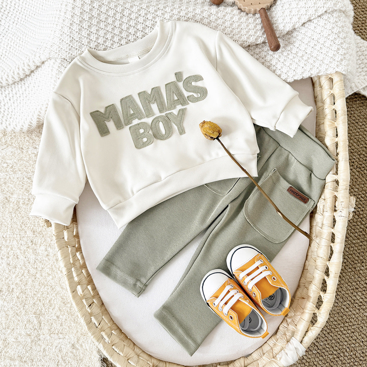 Letter Patch Round Neck Sweater Pocket Comfortable Trousers Infant Suit