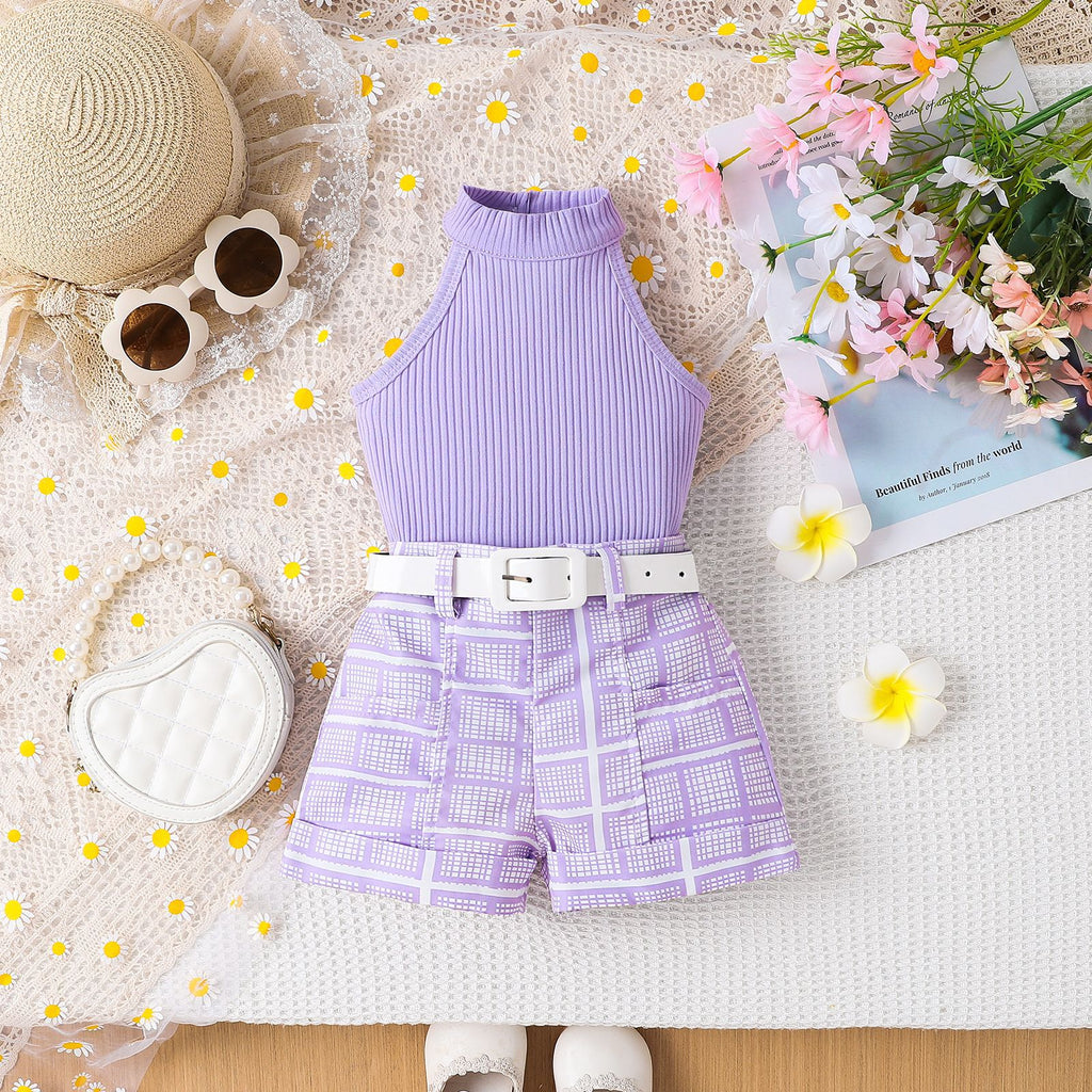Girl's Pure Color Halter Top Printed Shorts & Belt Set