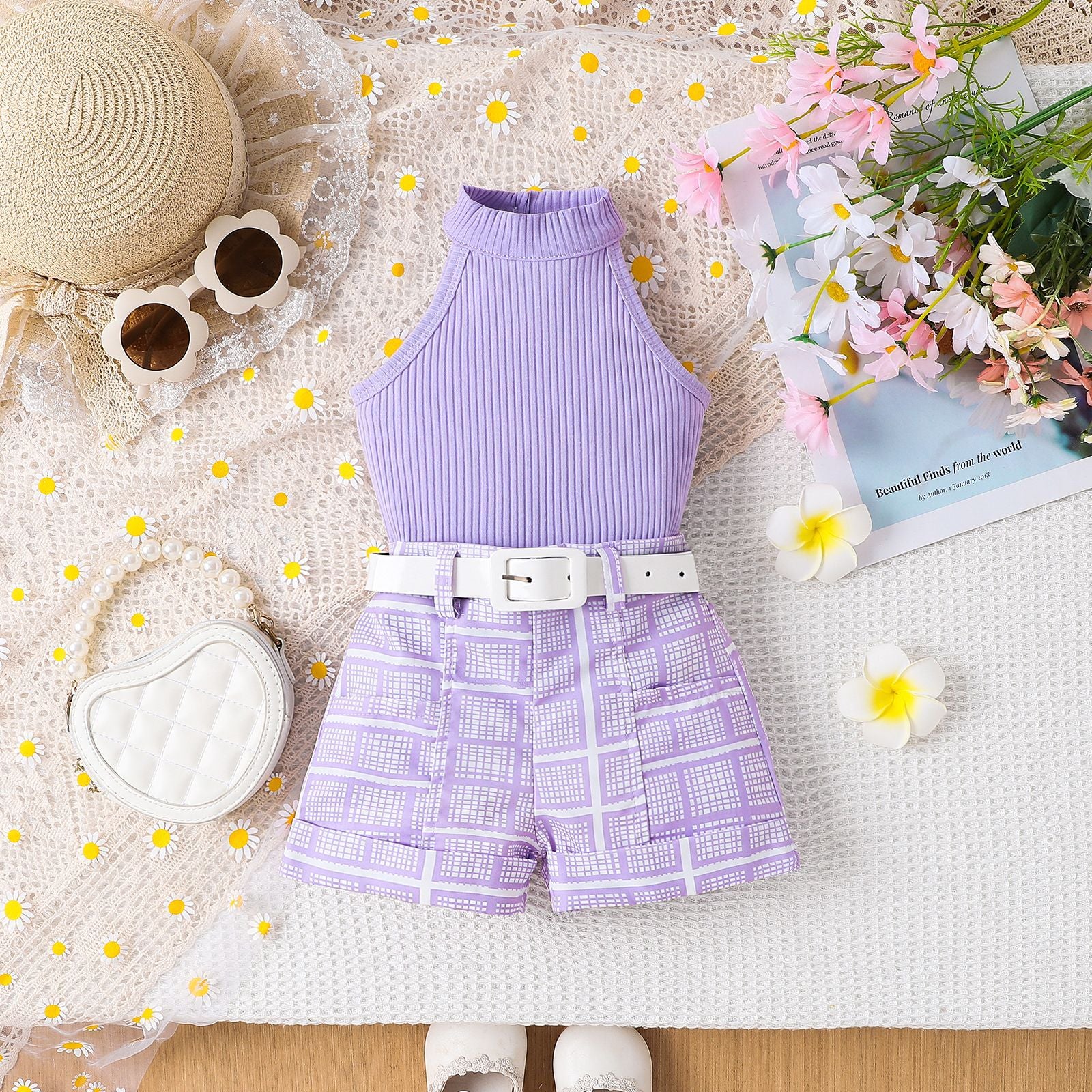 Girl's Pure Color Halter Top Printed Shorts & Belt Set