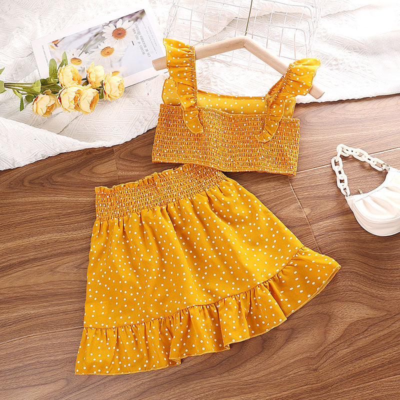 Girls' Suit Polka Dot Brace Top Lace Skirt Two-piece Set