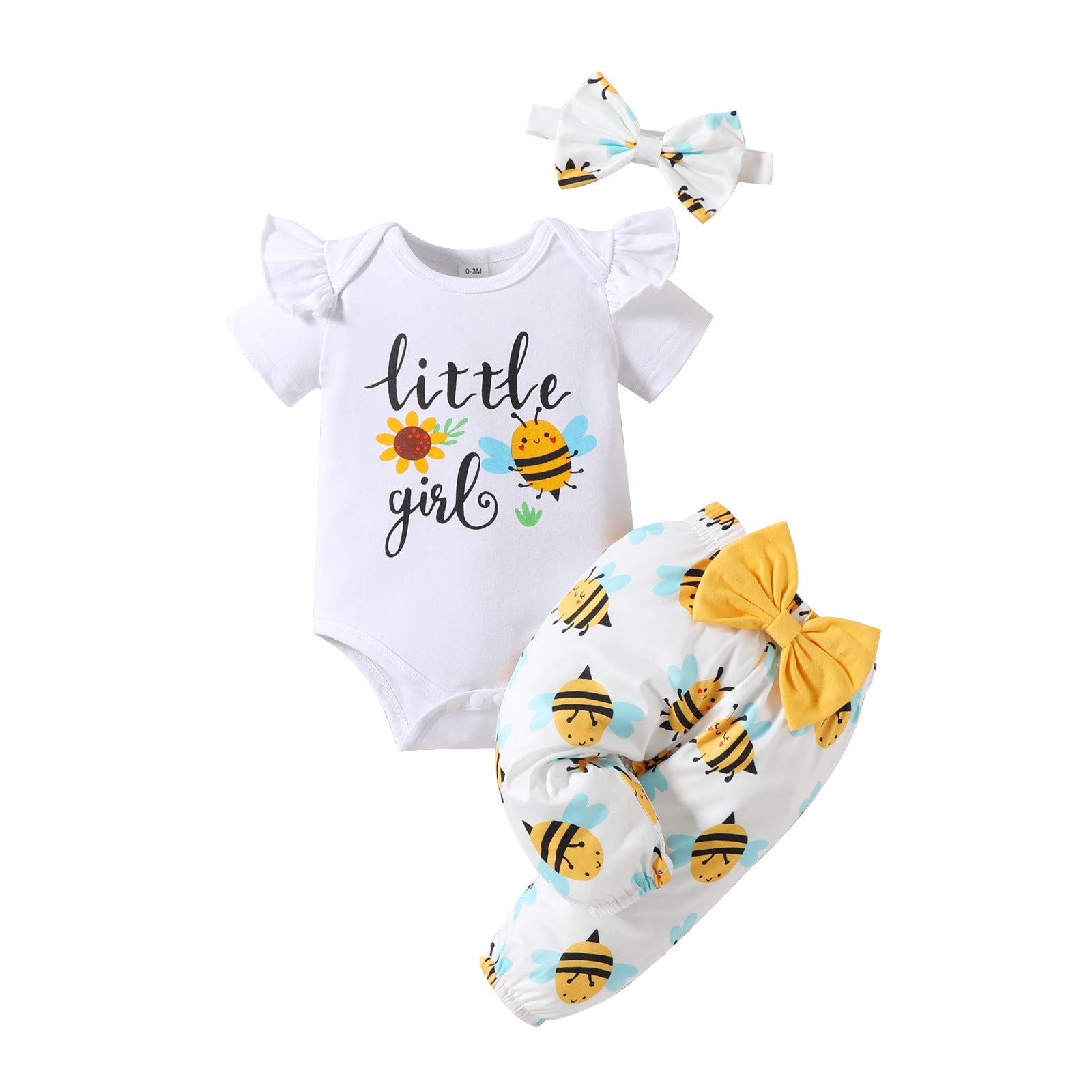 Baby Girl Letter Sunflower Print Bee Full Printed Trousers 3pc Set