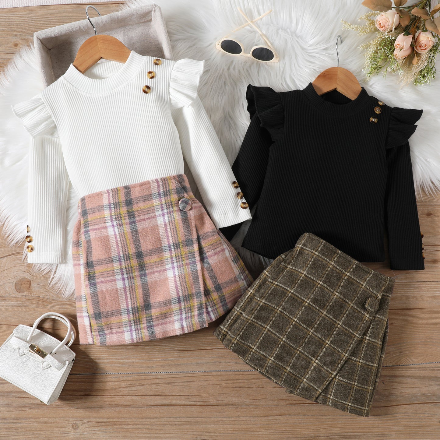 Girls' Elegant Long Sleeve Blouse & Asymmetrical Skirt Set