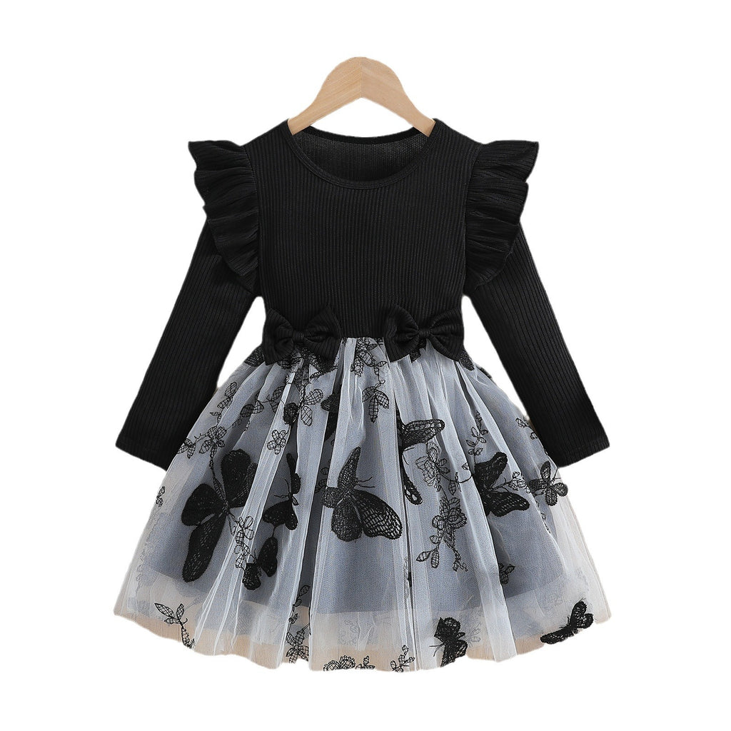 Girls' Black Butterfly Fashion Mesh Dress