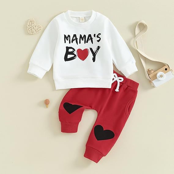 Boys' Letter Heart Print Valentine's Casual Sweatsuit 2pc Set