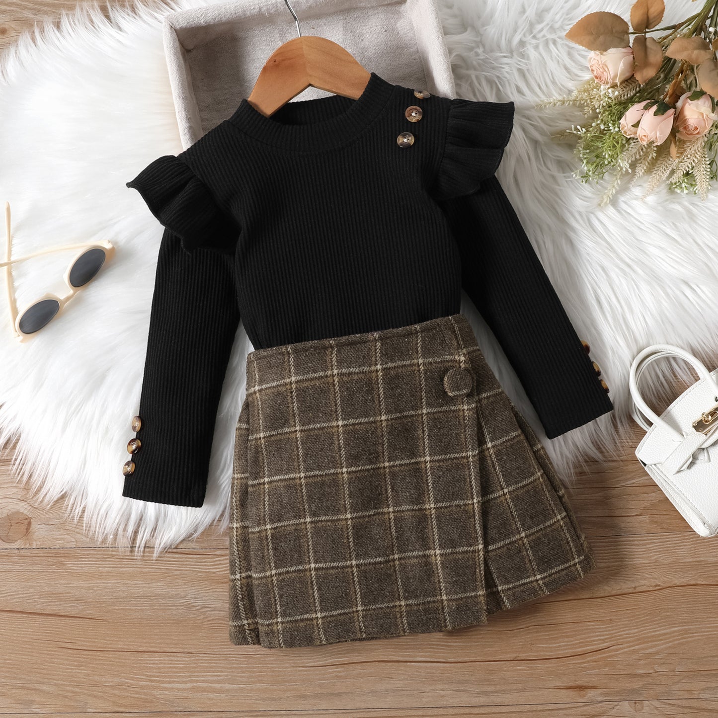 Girls' Elegant Long Sleeve Blouse & Asymmetrical Skirt Set