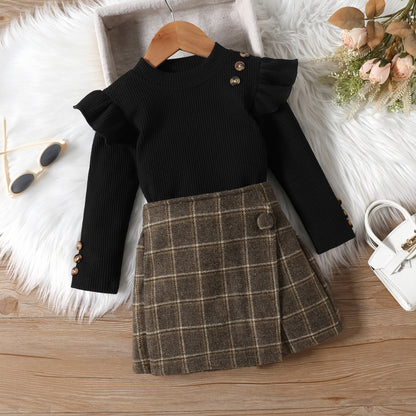 Girls' Elegant Long Sleeve Blouse & Asymmetrical Skirt Set