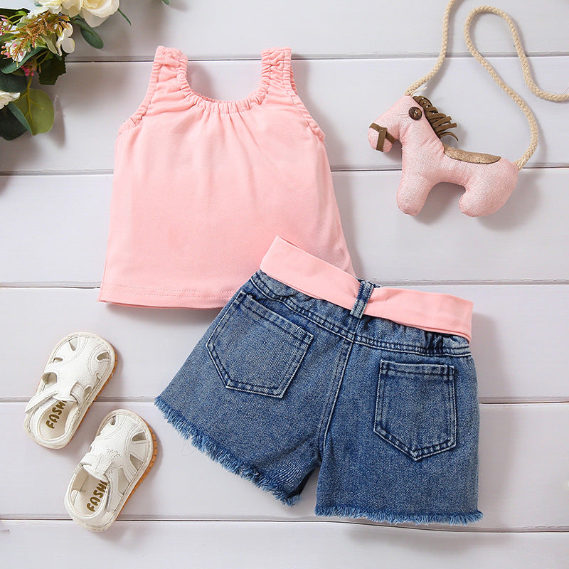 Letter Vest Denim With Hole Shorts Two-piece Set