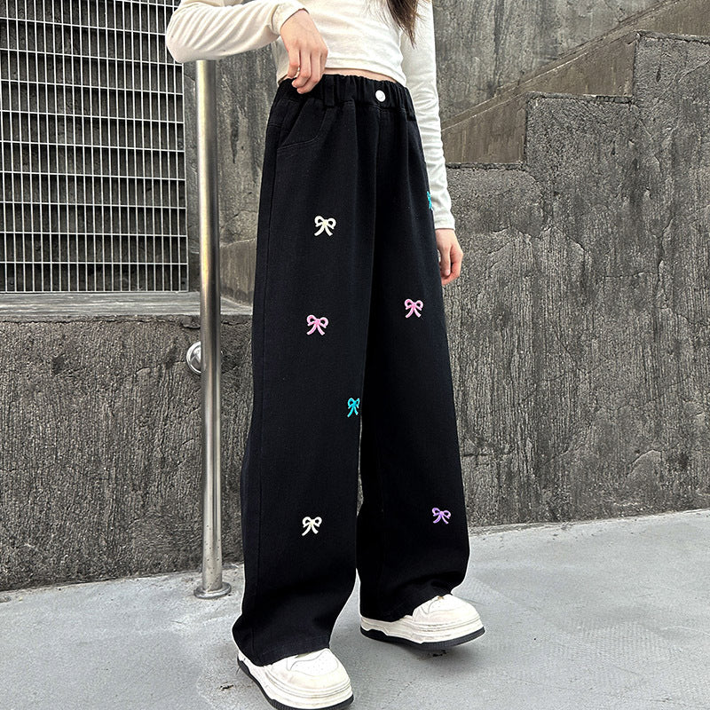 Western Style Wide-leg Pants, Girls' Autumn Straight Jeans