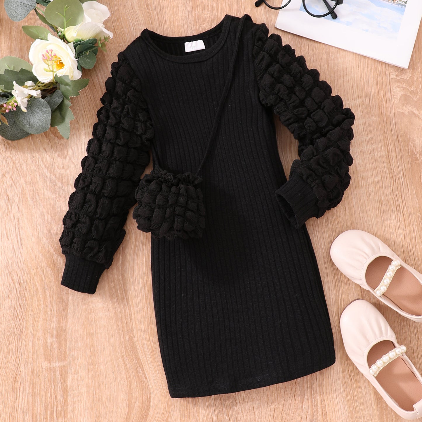 Girl Long-sleeved Bubble Sleeve Sunken Stripe Solid Color Dress