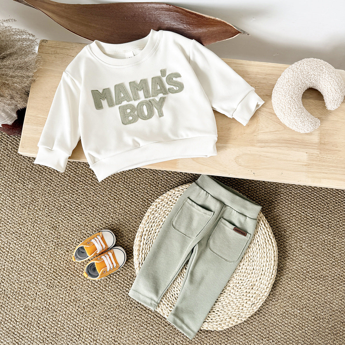 Letter Patch Round Neck Sweater Pocket Comfortable Trousers Infant Suit