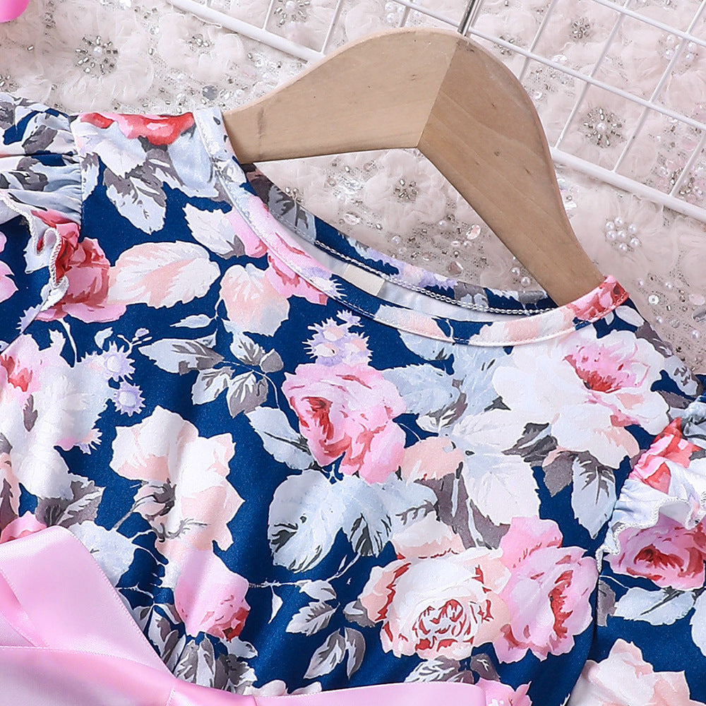 Girls Puff Sleeve Flower Printed Mesh Dress