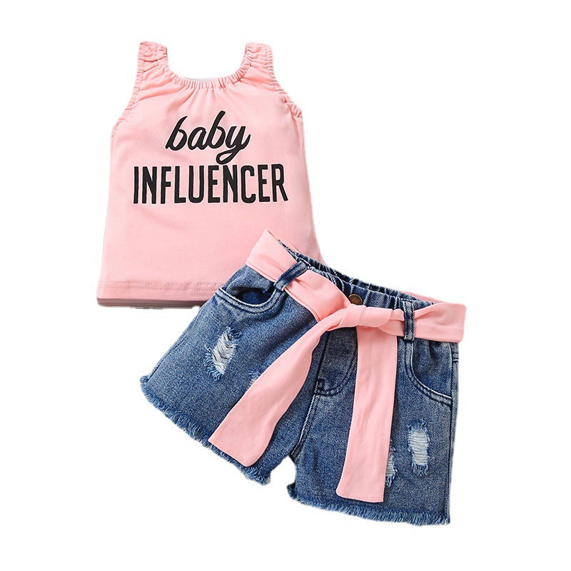 Letter Vest Denim With Hole Shorts Two-piece Set