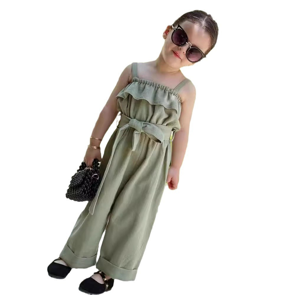 Girls' Solid Color Sleeveless Lace-up Waist Jumpsuit Wide-leg Pants