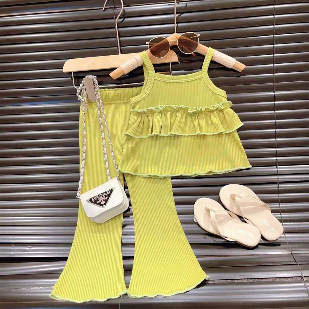 Thin Little Girl Ice Silk Suspender Skirt Bell-bottoms Ankle-length Pants Two-piece Set