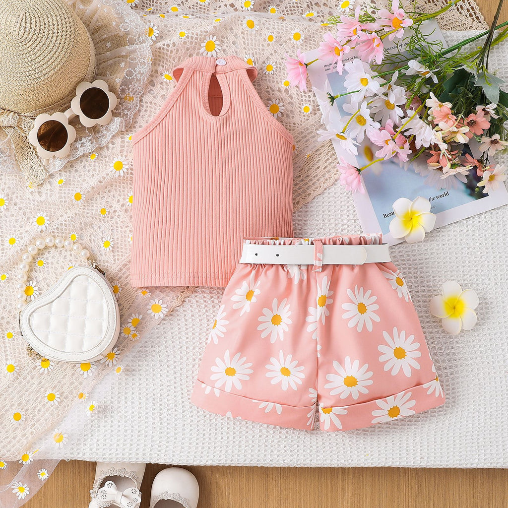 Girl's Pure Color Halter Top Printed Shorts & Belt Set