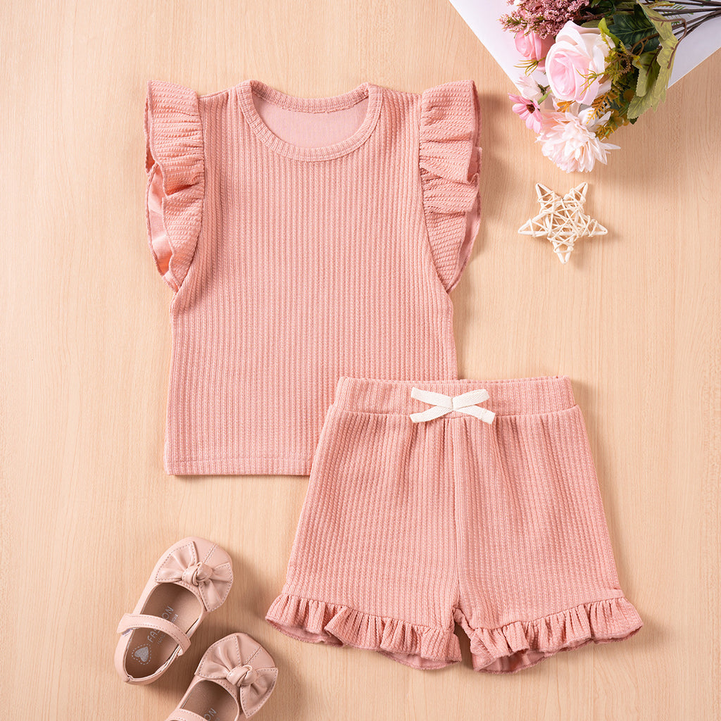 Girls' Summer Solid Colour Casual Flounced Sleeve Shorts Set