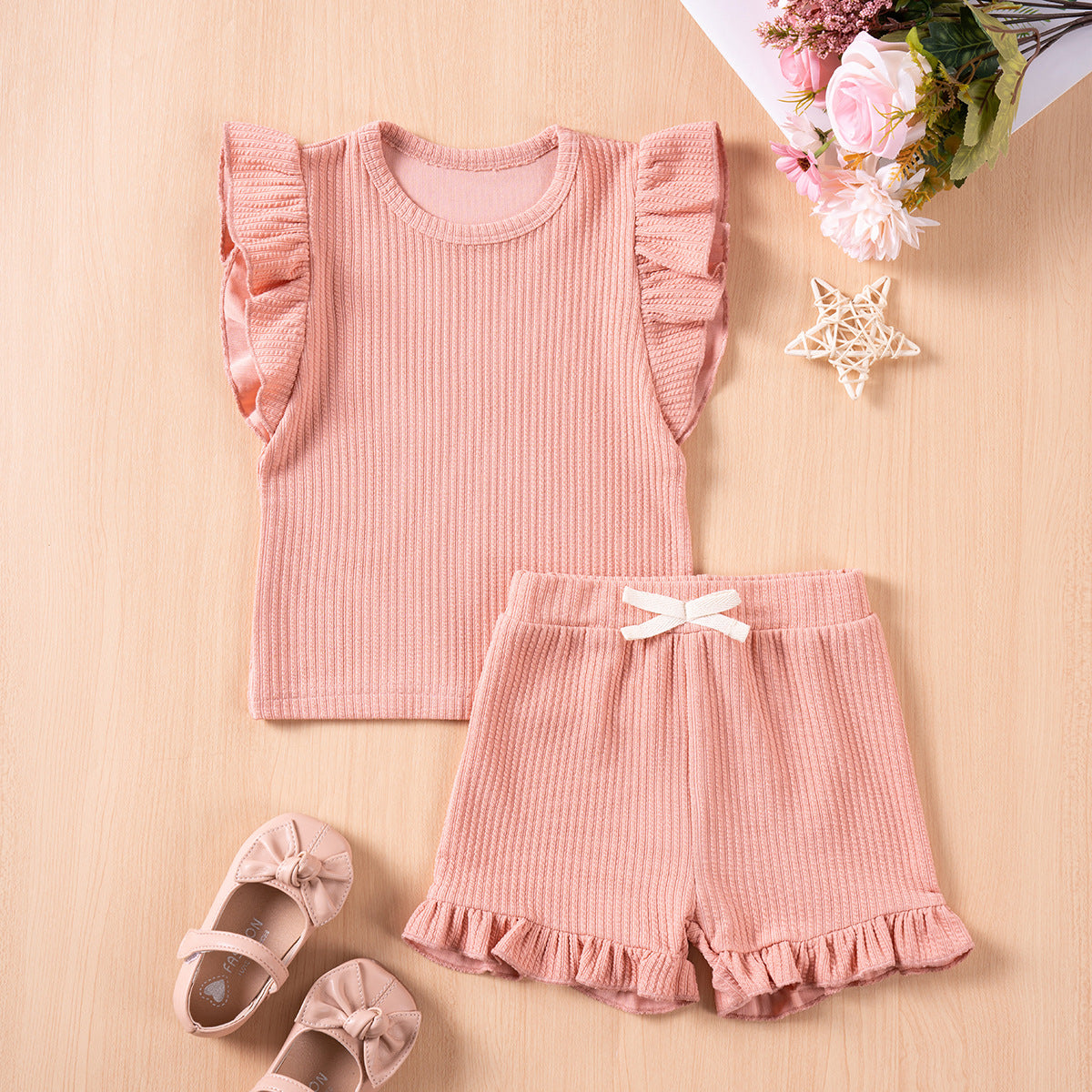 Girls' Summer Solid Colour Casual Flounced Sleeve Shorts Set
