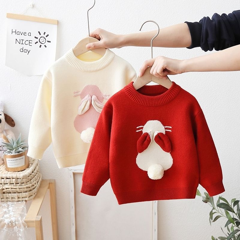 Girls' Knitted Fleece-Lined Rabbit Sweater