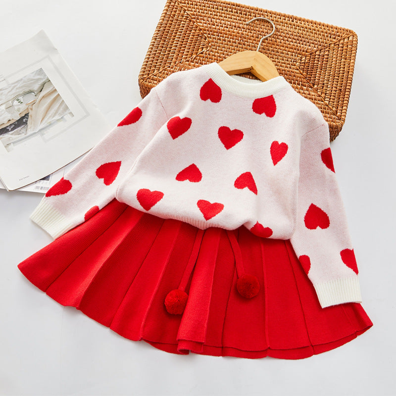 Girls' Love Sweater Pullover Pleated Skirt Set
