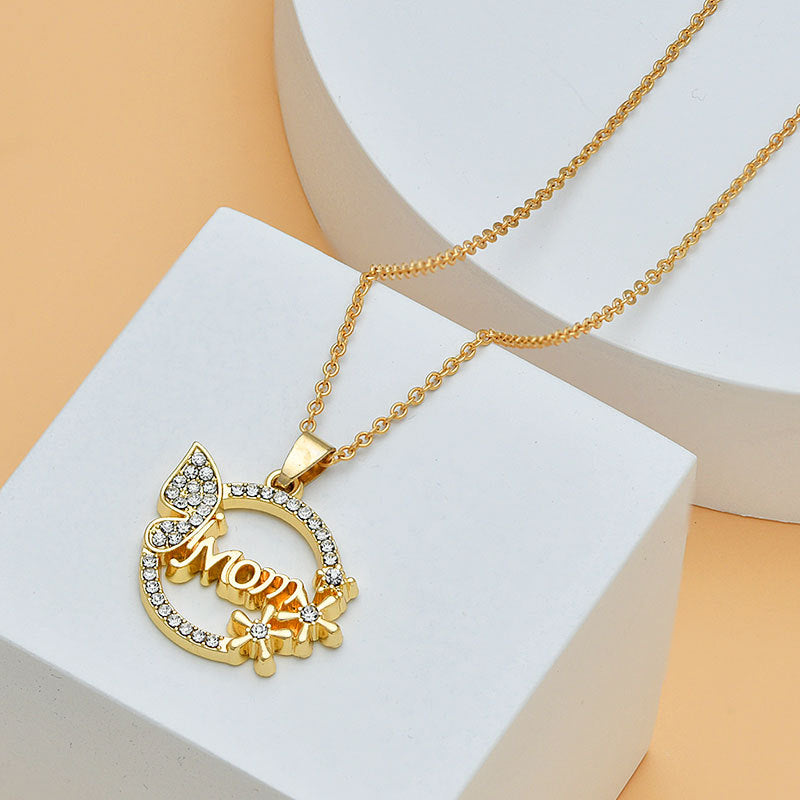 Mom Heart Shape With Diamond Letter Necklace, Gift For Mom