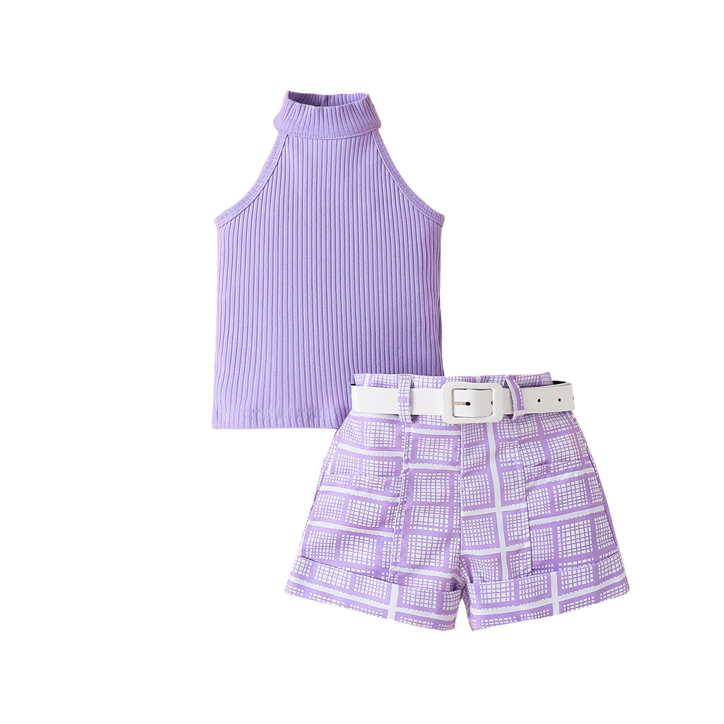Girl's Pure Color Halter Top Printed Shorts & Belt Set