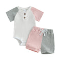 Girls' Summer Rib Fabric Color Matching Short Sleeve 2pc Set