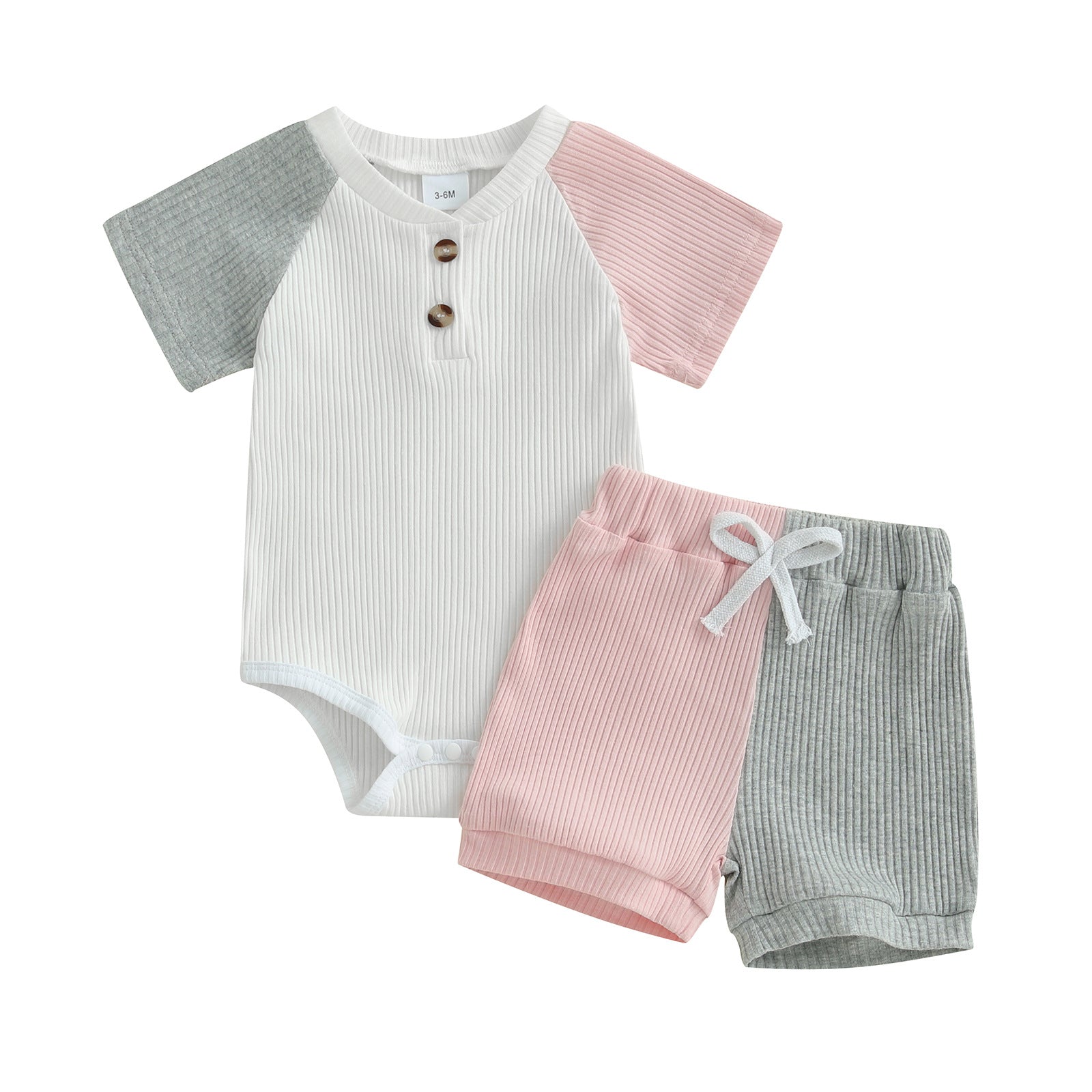 Girls' Summer Rib Fabric Color Matching Short Sleeve 2pc Set