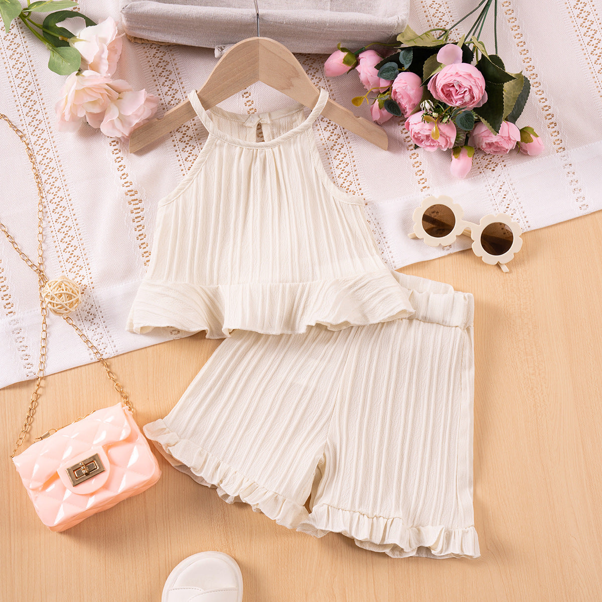 Girls Cold-shoulder Sleeveless Vest Two-piece Set