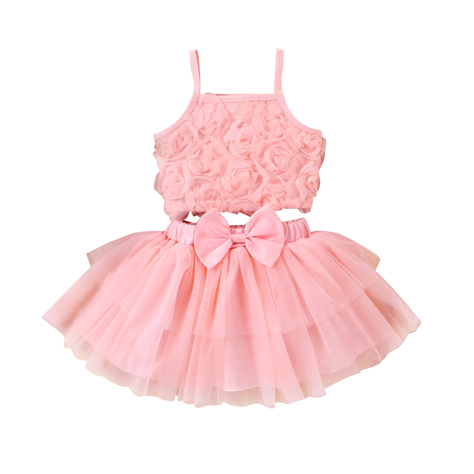 Girl Flower Strappy Bow Mesh Skirt Suit