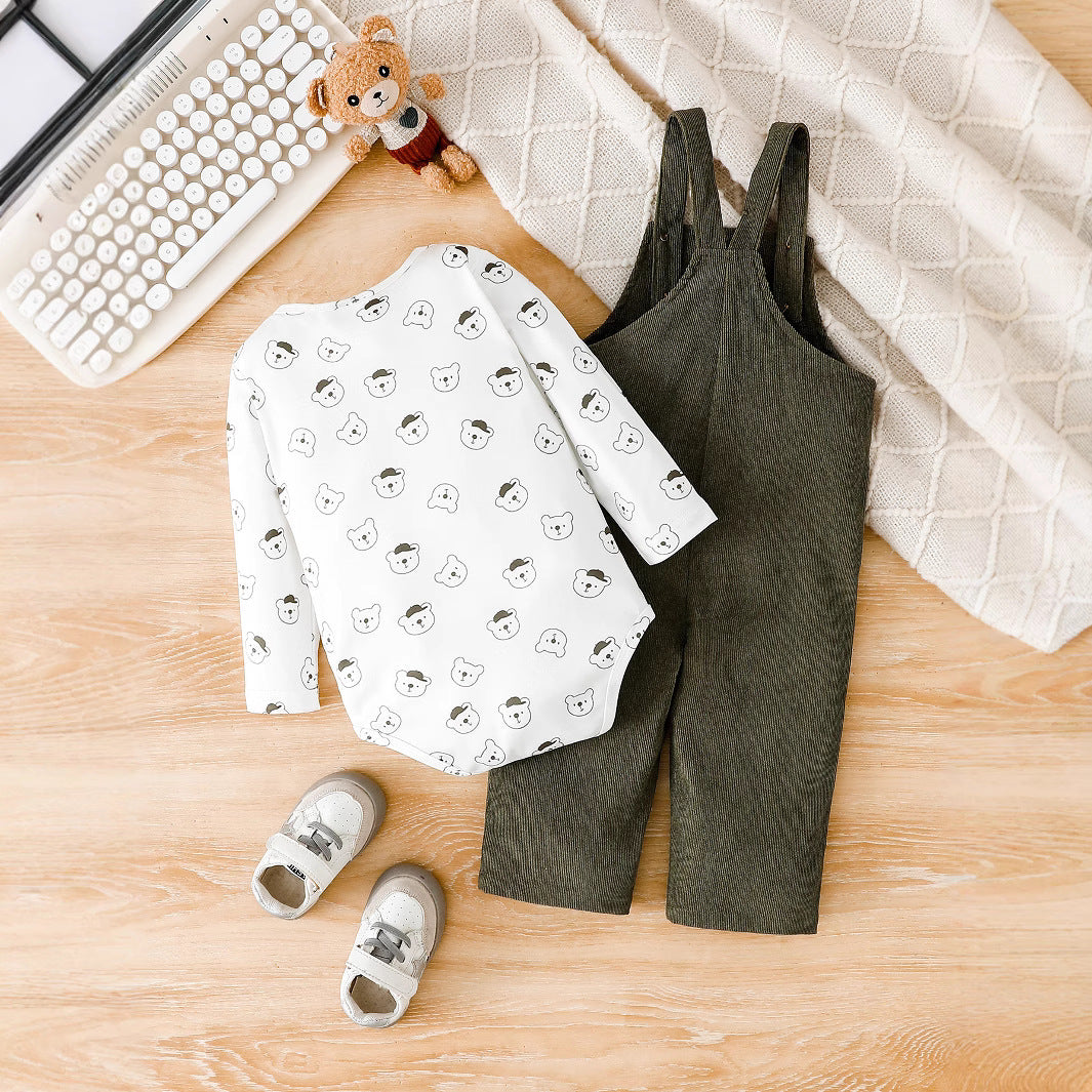 Baby Boy Long Sleeve Romper Corduroy Suspender Pants 2pc Set