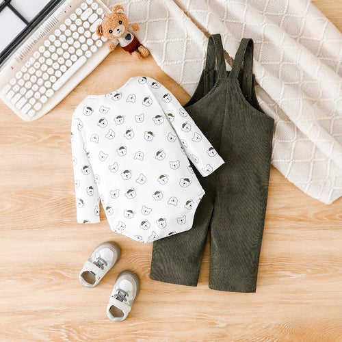 Baby Boy Long Sleeve Romper Corduroy Suspender Pants 2pc Set