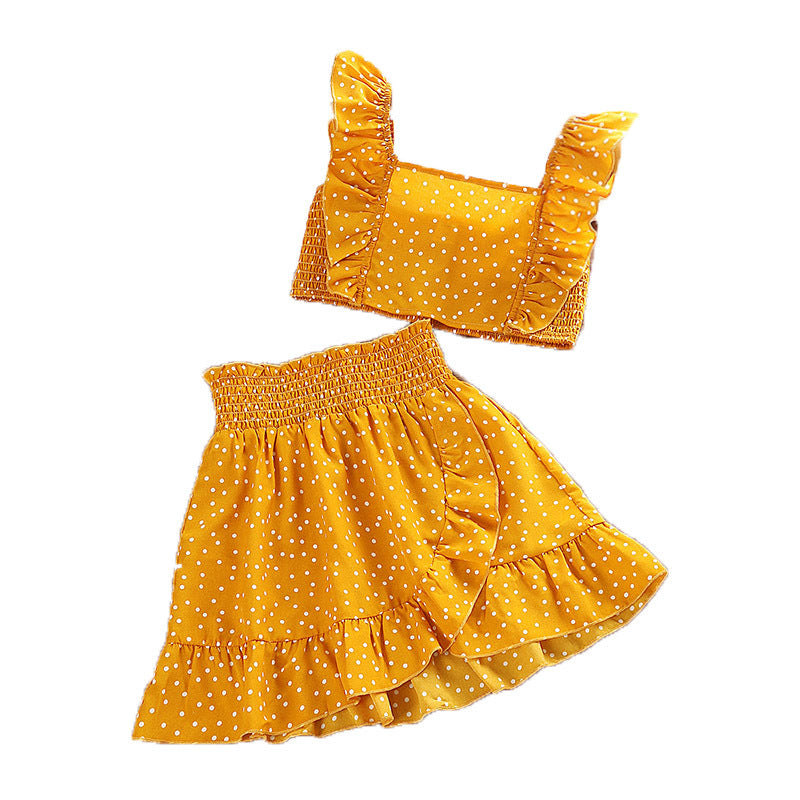 Girls' Suit Polka Dot Brace Top Lace Skirt Two-piece Set