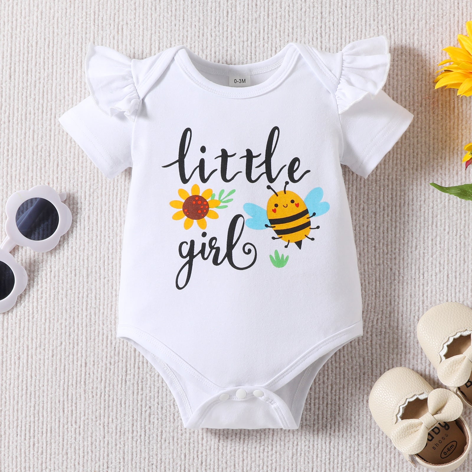 Baby Girl Letter Sunflower Print Bee Full Printed Trousers 3pc Set