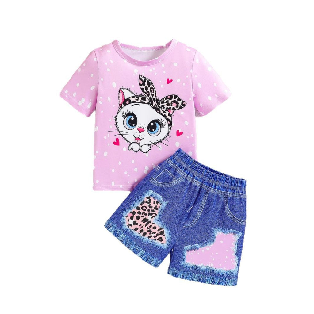 Cartoon Leopard Print Girls' Summer Top and Shorts Two-piece Set