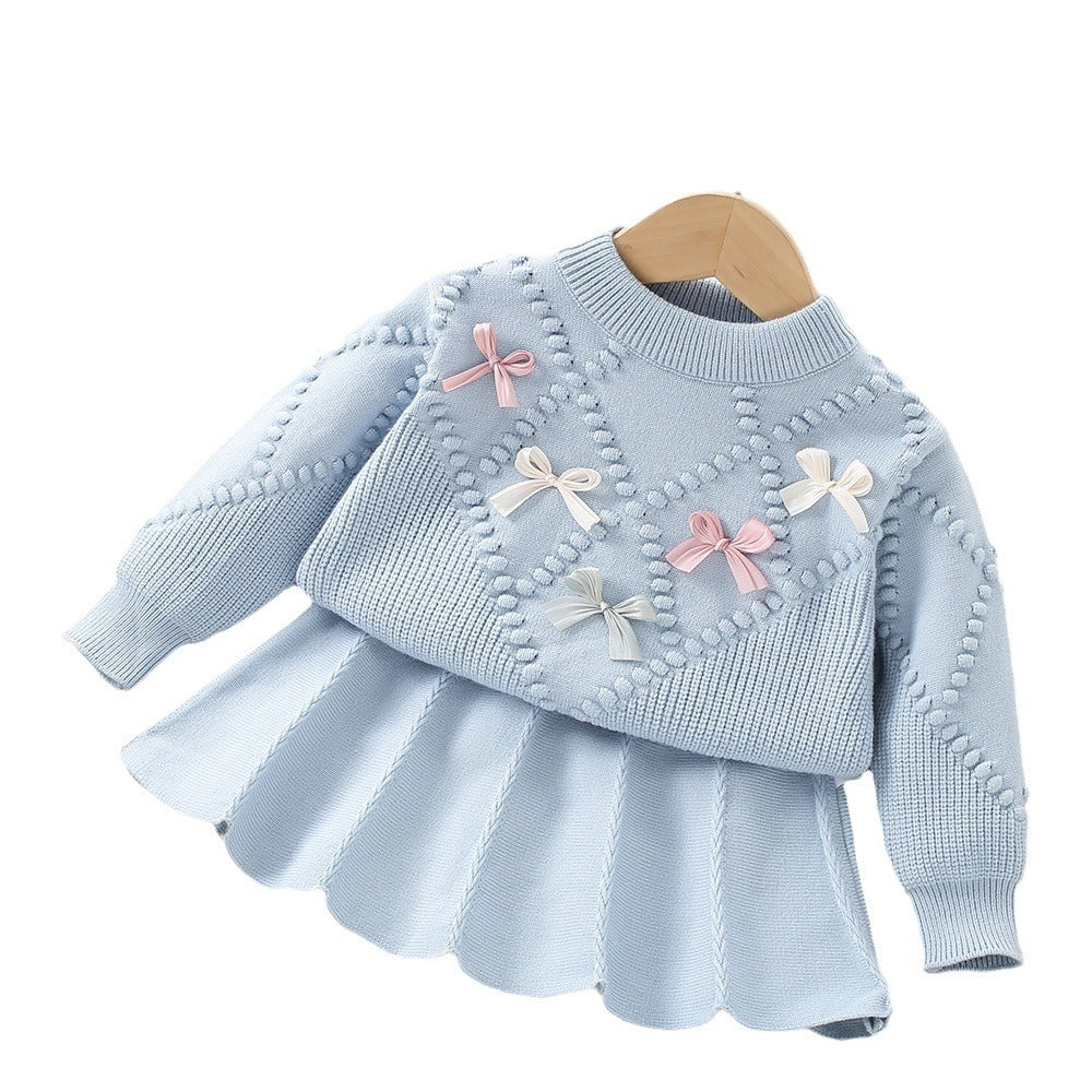 Girls Sweater Suit Autumn Little Girl Flower Long Sleeve Two-piece Skirt