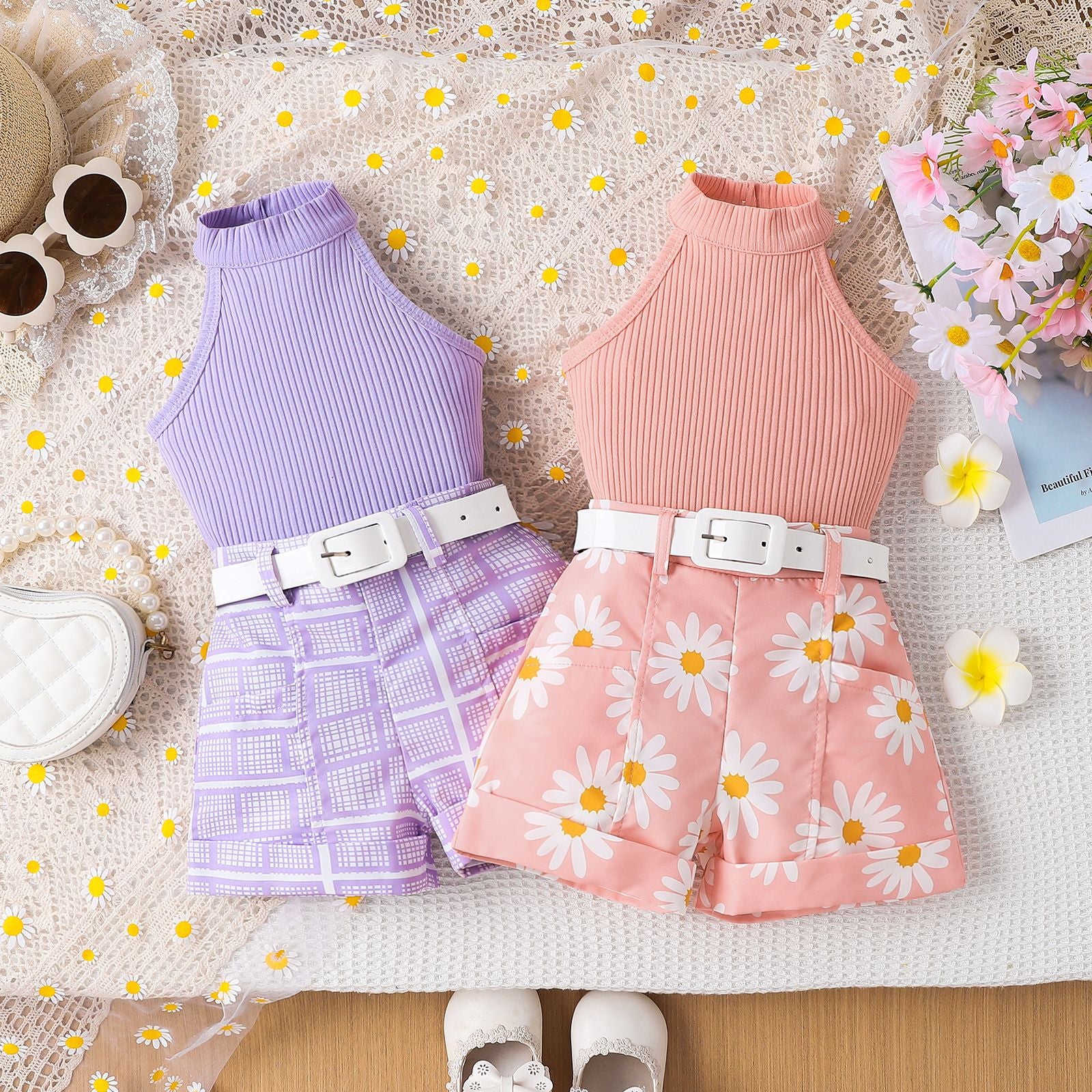 Girl's Pure Color Halter Top Printed Shorts & Belt Set