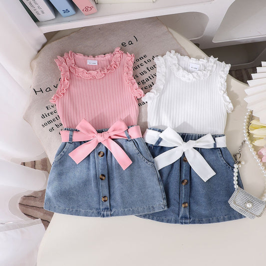 Girls' Summer Denim Skirt Belt Baby Toddler 3pc Set