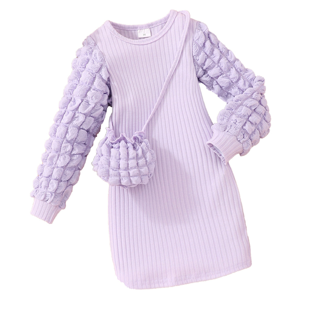 Girl Long-sleeved Bubble Sleeve Sunken Stripe Solid Color Dress