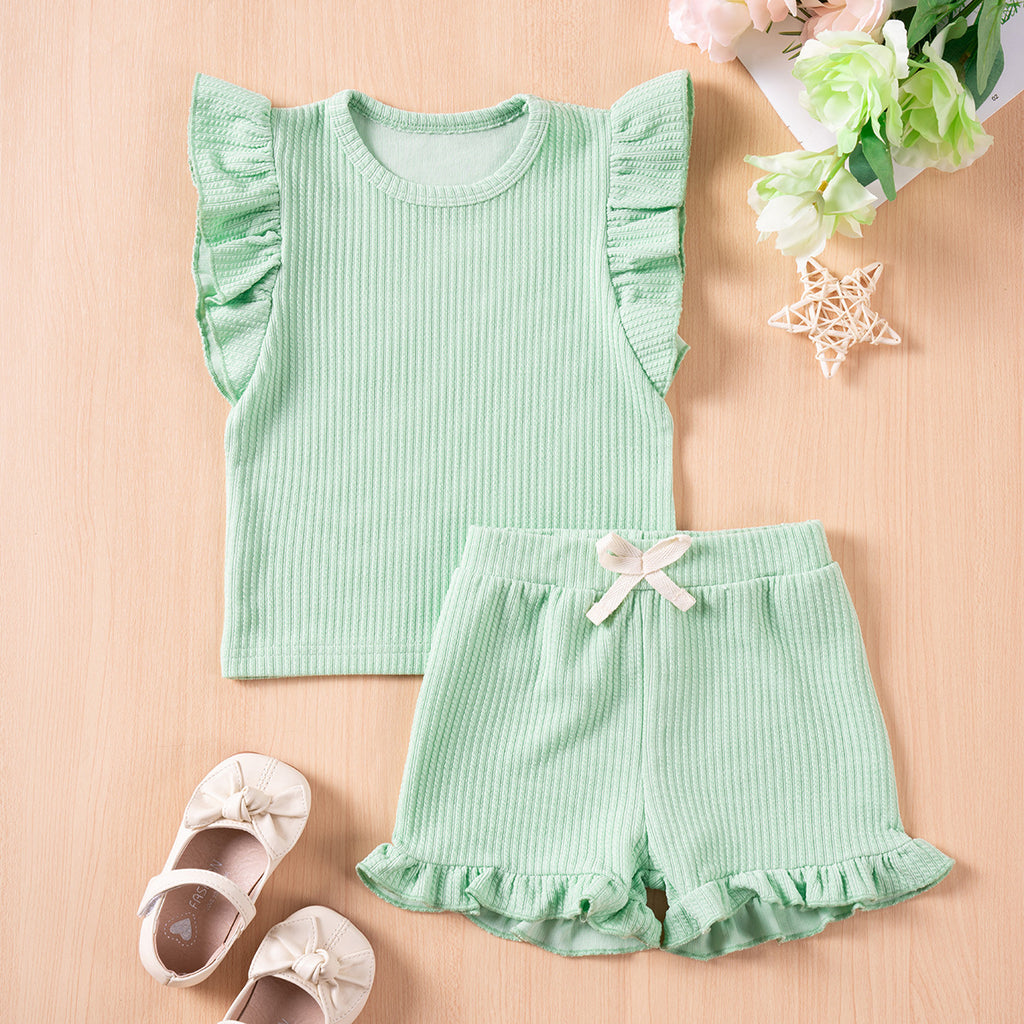 Girls' Summer Solid Colour Casual Flounced Sleeve Shorts Set