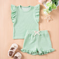 Girls' Summer Solid Colour Casual Flounced Sleeve Shorts Set