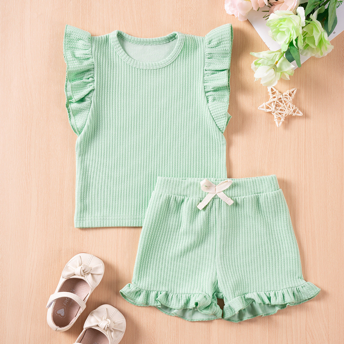 Girls' Summer Solid Colour Casual Flounced Sleeve Shorts Set