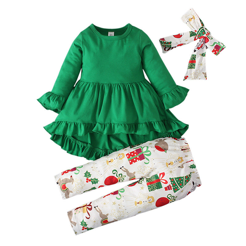 Girls' Christmas Dress, Printed Trousers, Hair Band 3 Pieces Set