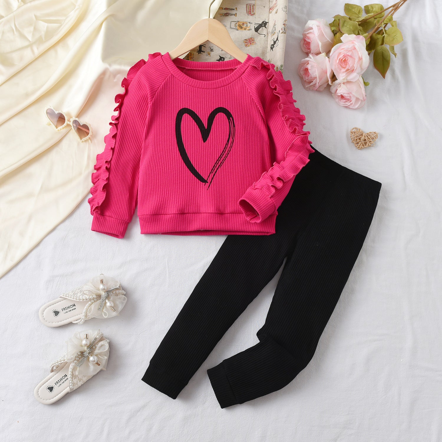 Heart Print Long Sleeve Sweater Casual Pants 2pc Set, Girl's Valentine's Outfit