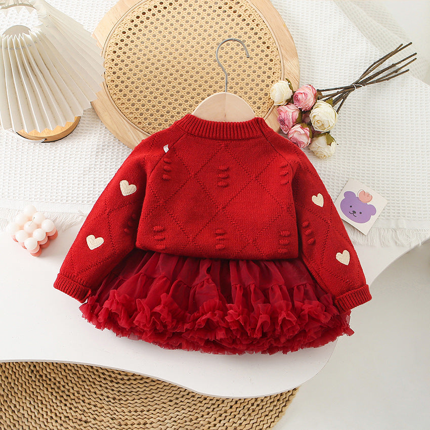 Girl's Sweater Love Embroidered Knitted Top & Skirt