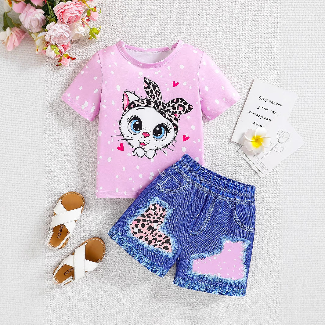 Cartoon Leopard Print Girls' Summer Top and Shorts Two-piece Set
